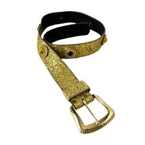 Glittery Gold Womens Belt Size Small Jewel Medallions L Gold Buckle 1.75" Retro